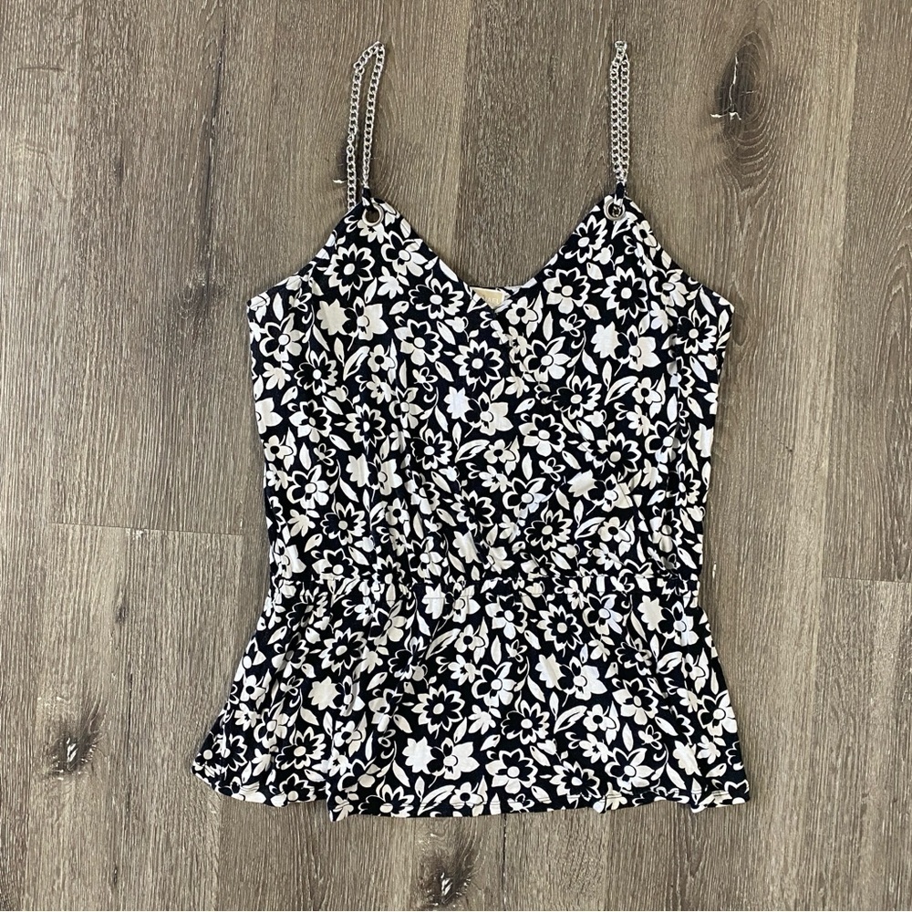 MICHAEL KORS Chain Link Straps Floral Sweatheart Peplum Wrap Blouse Womens Large